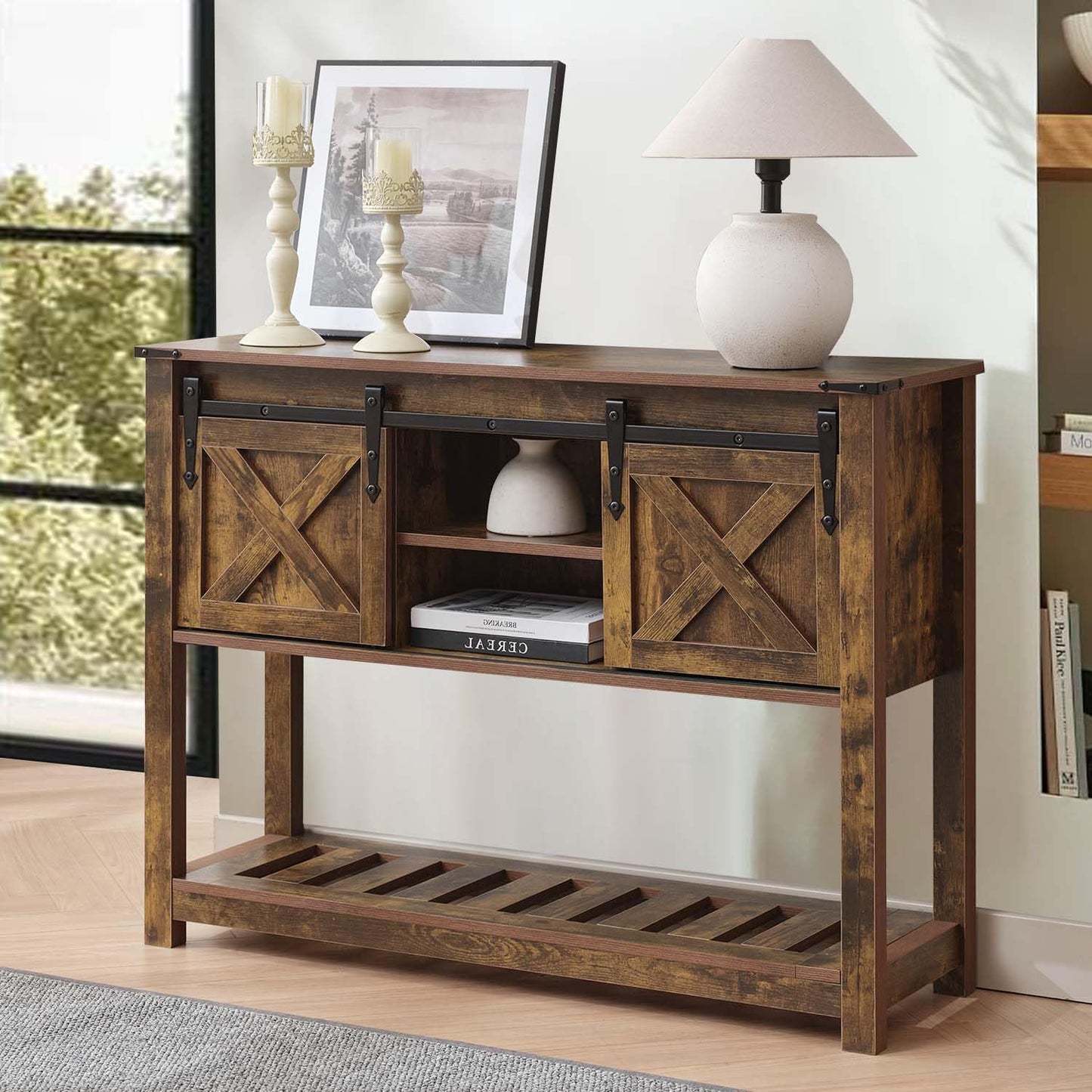 Entryway Table with Storage, Farmhouse Buffet Cabinet Coffee Bar Kitchen Island with Sliding Barn Doors & Shelves, Console Table for Kitchen, Dining Room, Living Room, Brown