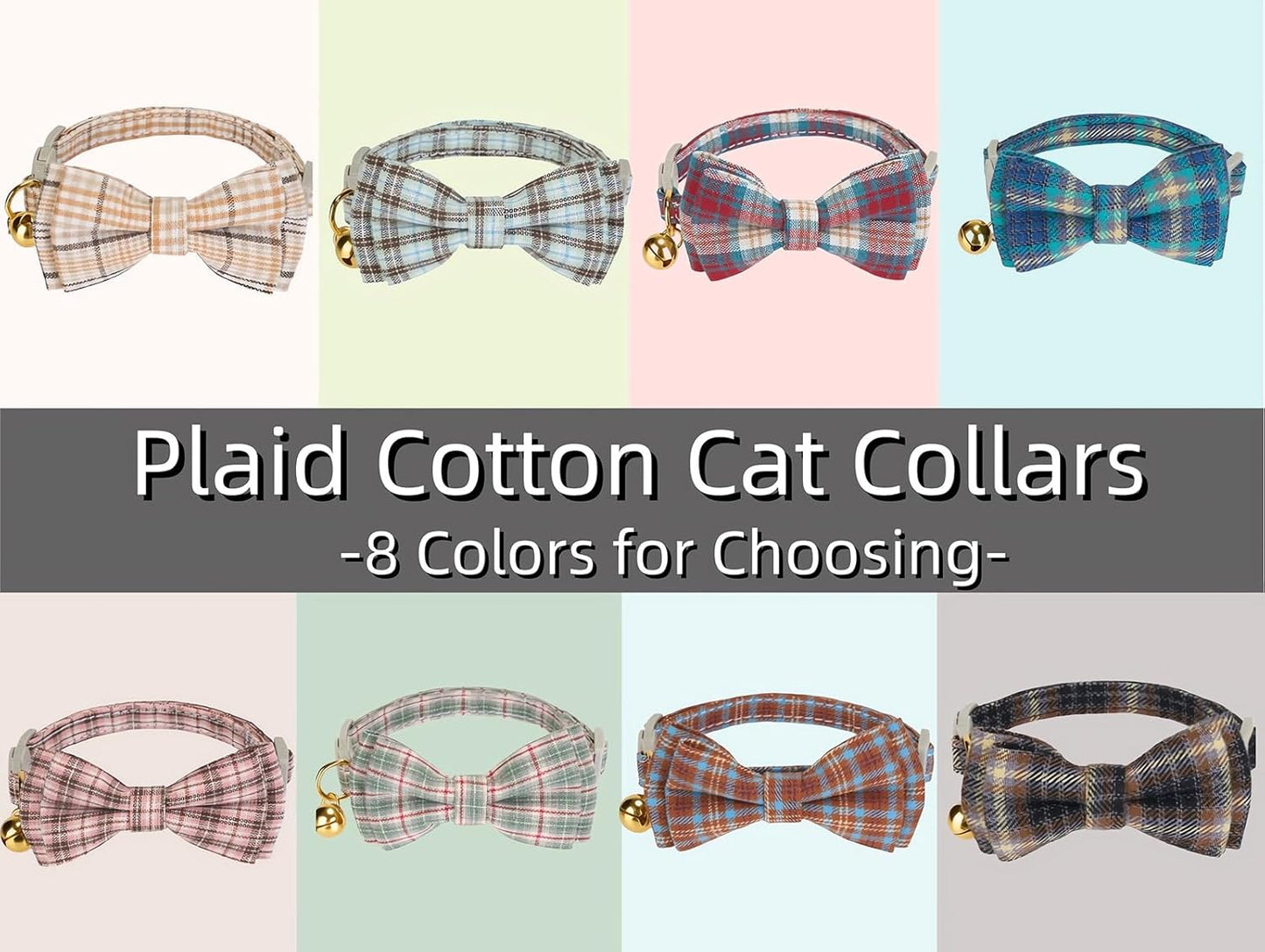 2 Pack Soft Cotton Cat Collars with Bowtie and Bell Breakaway Plaid Cat Kitten Collar(Beige and Amber)