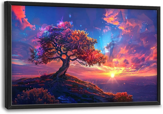 Quorin Tree Large Wall Art Sunset Mountain Landscape Pictures Red Tree of Life Wall Decor Nature Canvas Print Painting Artwork for Bathroom Living Room Bedroom 36L x 24W