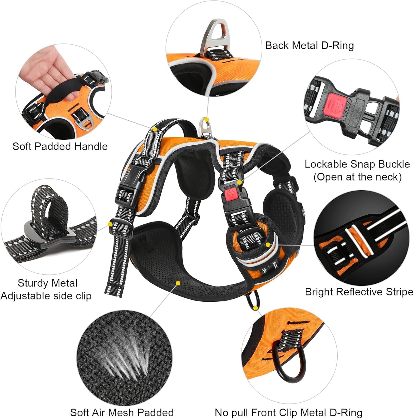 Timos Dog Harness Large Sized, No Pull with Neck Lockable Snap,No Choke Front Clip Dog Reflective Harness,Adjustable Metal Rings 3 Buckles,Easy Control Handle for Large Dogs Orange L