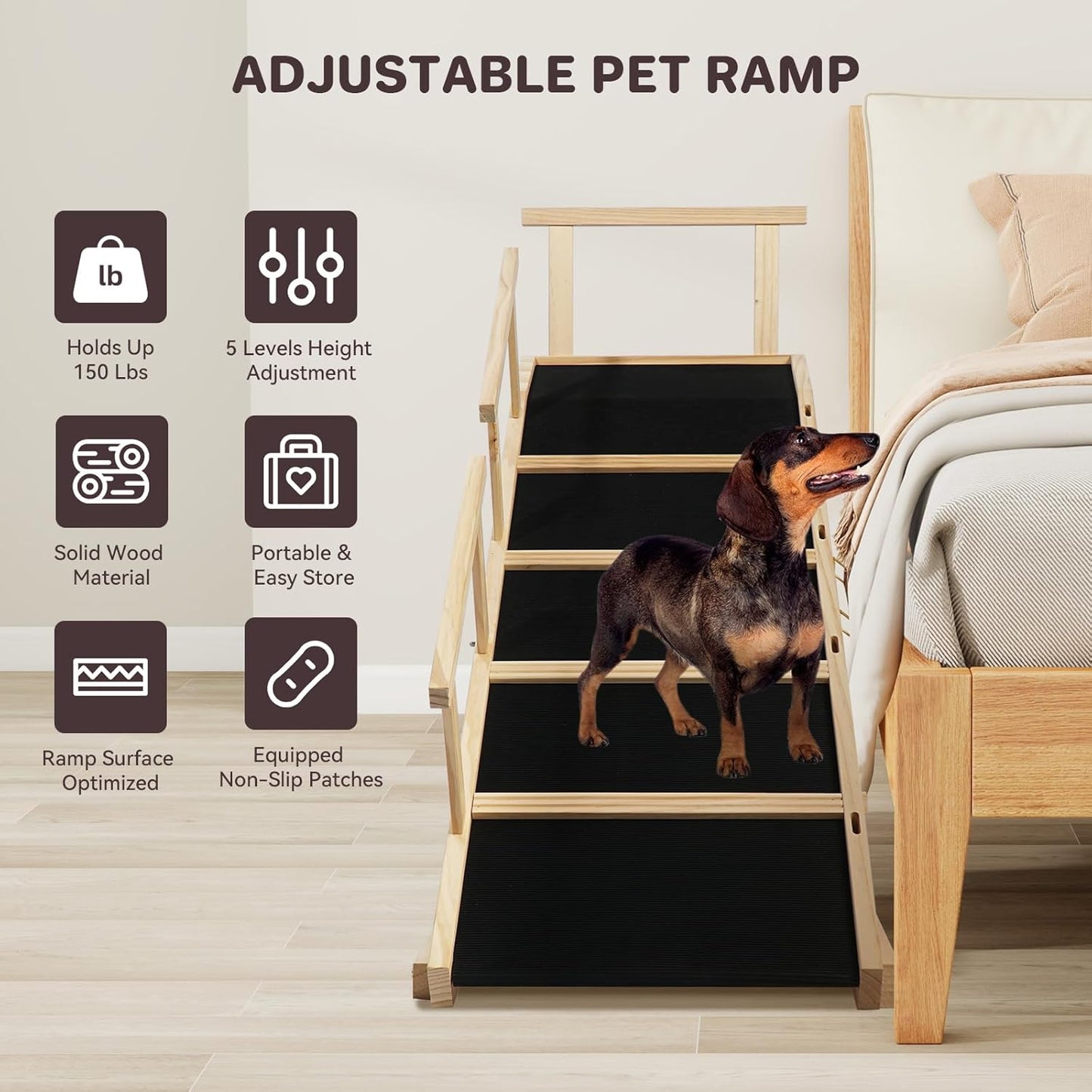 Dog Ramp for Bed PANTAZO Adjustable Ramps for Small Dogs to Get on Bed, Up to 28.5 Inches, 48'' Long,120lbs with Anti-Slip Grip & Safety Rail