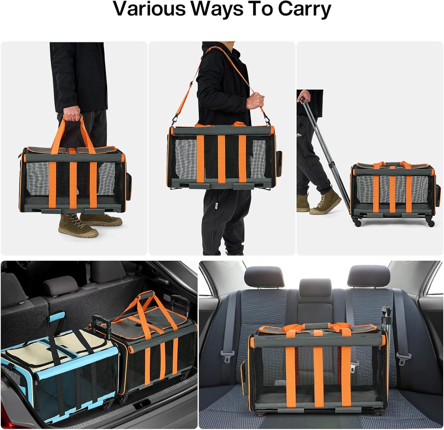 MILADA Large Cat Carrier for 2 Cats, Soft Big Pet Carrier with Wheels, Double Cat Carrier on Wheels, Rolling Pet Carrier for Travel Hiking Shopping and Camping（Not for Air Travel）, Orange