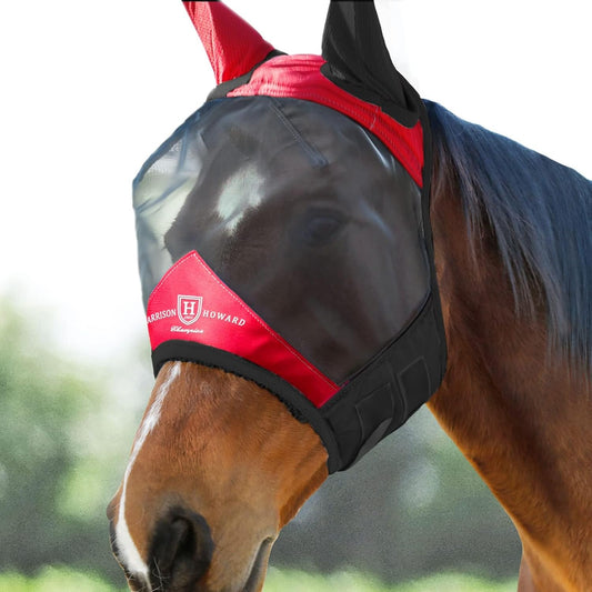 Harrison Howard Pro Luminous Horse Fly Mask Standard with Ears UV Protection for Horse Scarlet Red/Black Medium Cob