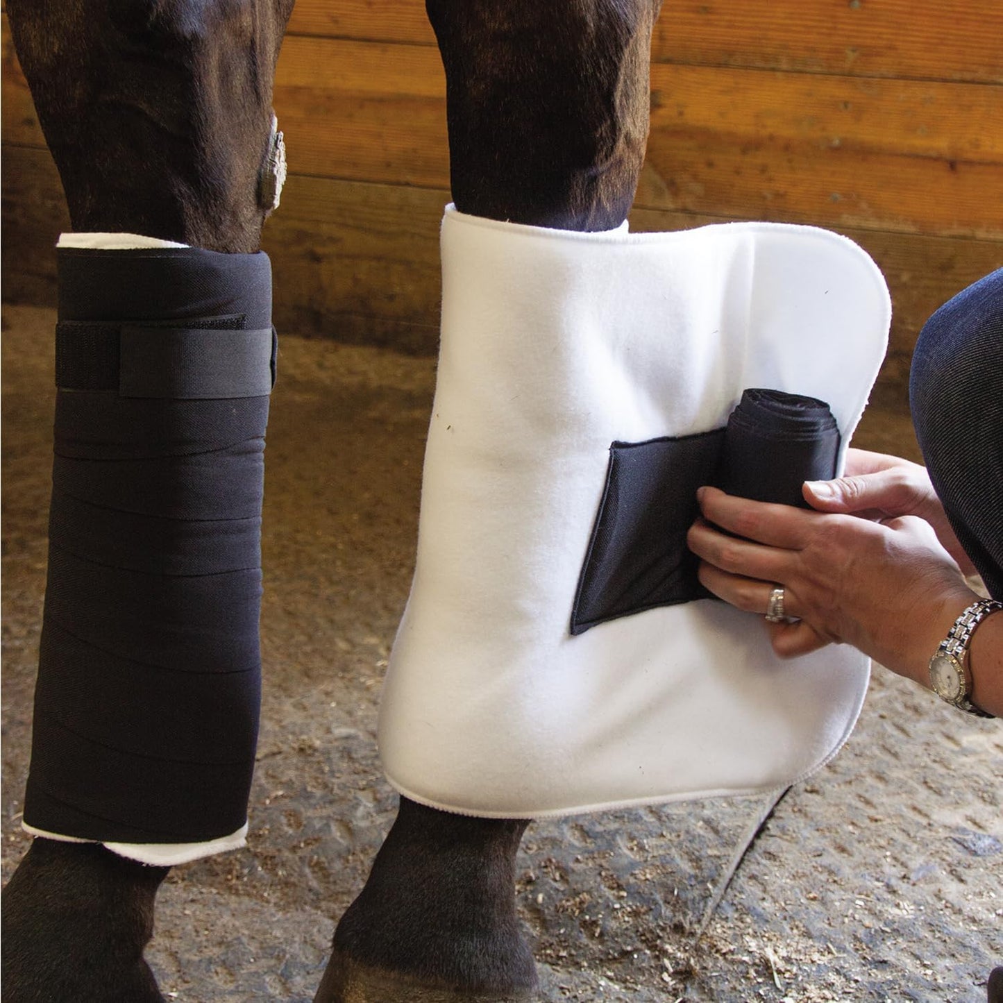 Dura-Tech Combo No Bow Leg Wraps for Horses | Perfect & Quick Bandage Application | Innovative Protection | Heavy-Duty Hook & Loop Closure | White & Black Combo