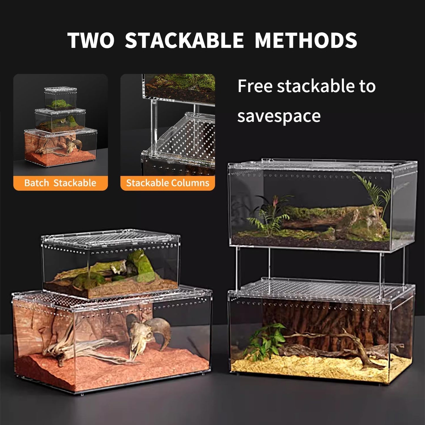 【No Assembly】 Reptile Tank Enclosure with Magnetic Button.16" * 10" * 8" Thicken Snake Enclosure Cage,Batch Stackable Reptile Breeding Tank for Insect,Fish,Tarantula,Hermit Crab,Jumping Spider
