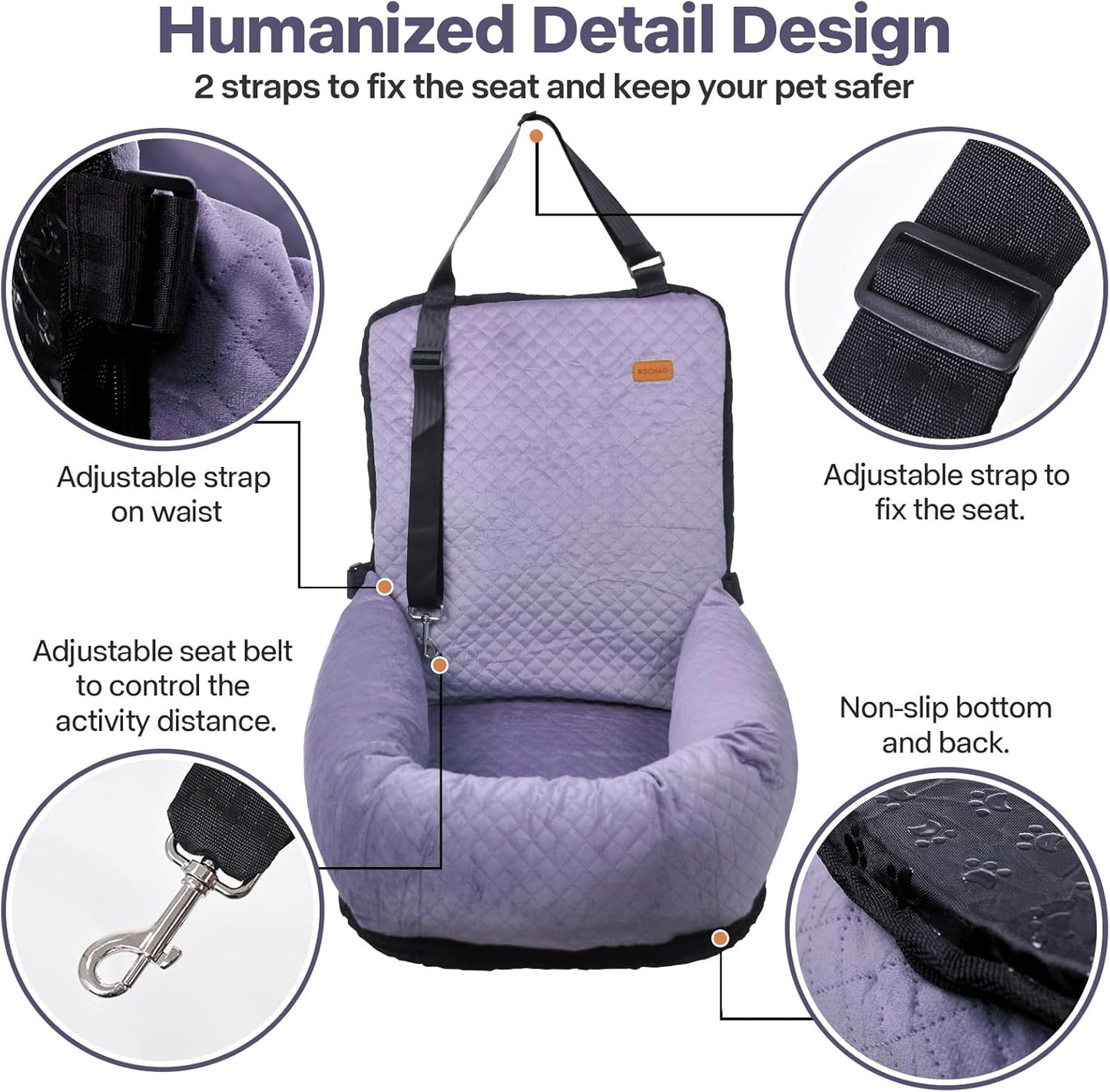 Dog Car Seat for Small Medium Dogs Up to 40lbs, Detachable Washable Soft Pet Booster Travel Bed for Front & Purple Seat with Safety Leash Belt