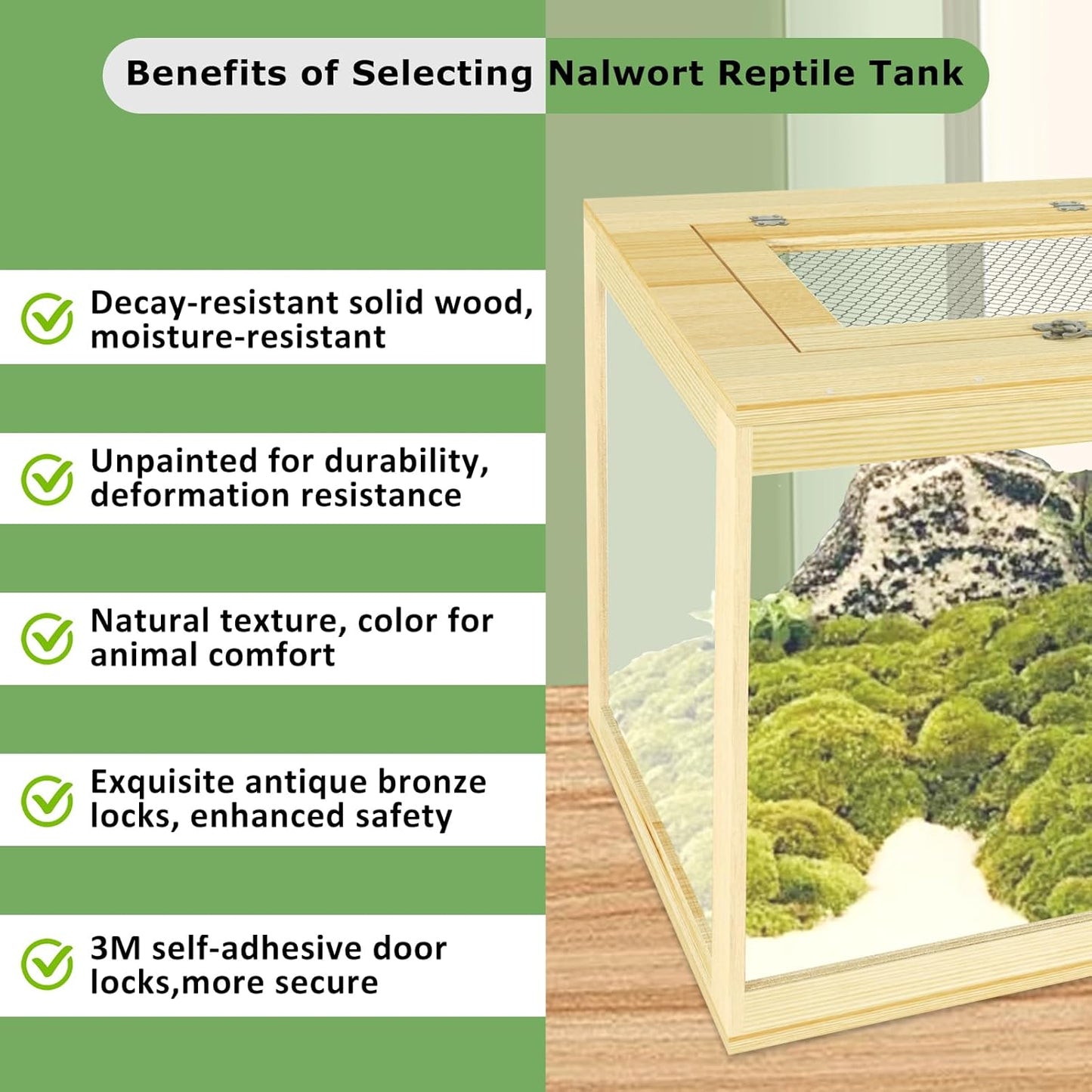 Reptile Terrarium Tank 37 Gallon, Snake Enclosure, Lizard, Leopard Gecko Tank with Openable Metal Mesh, Lockable Bearded Dragon Tank, Front Opening Reptile Cage (Wood, 32" x 16" x 16")