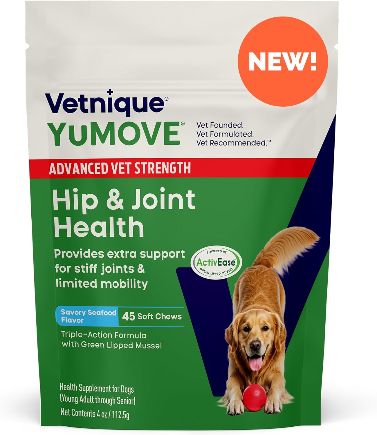 YuMOVE Hip & Joint Supplement for Dogs with Glucosamine, Hyaluronic Acid, Green Lipped Mussel & Omega 3 Joint Supplement - Regular or Advanced Strength (45ct, Advanced Vet Strength Soft Chews)