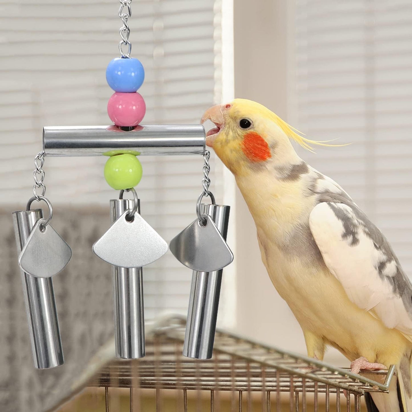 Bird Stainless Steel Bells String Parrot Hanging Chew Toy for Parakeet Cockatiel Cockatoo Conure (Silver)