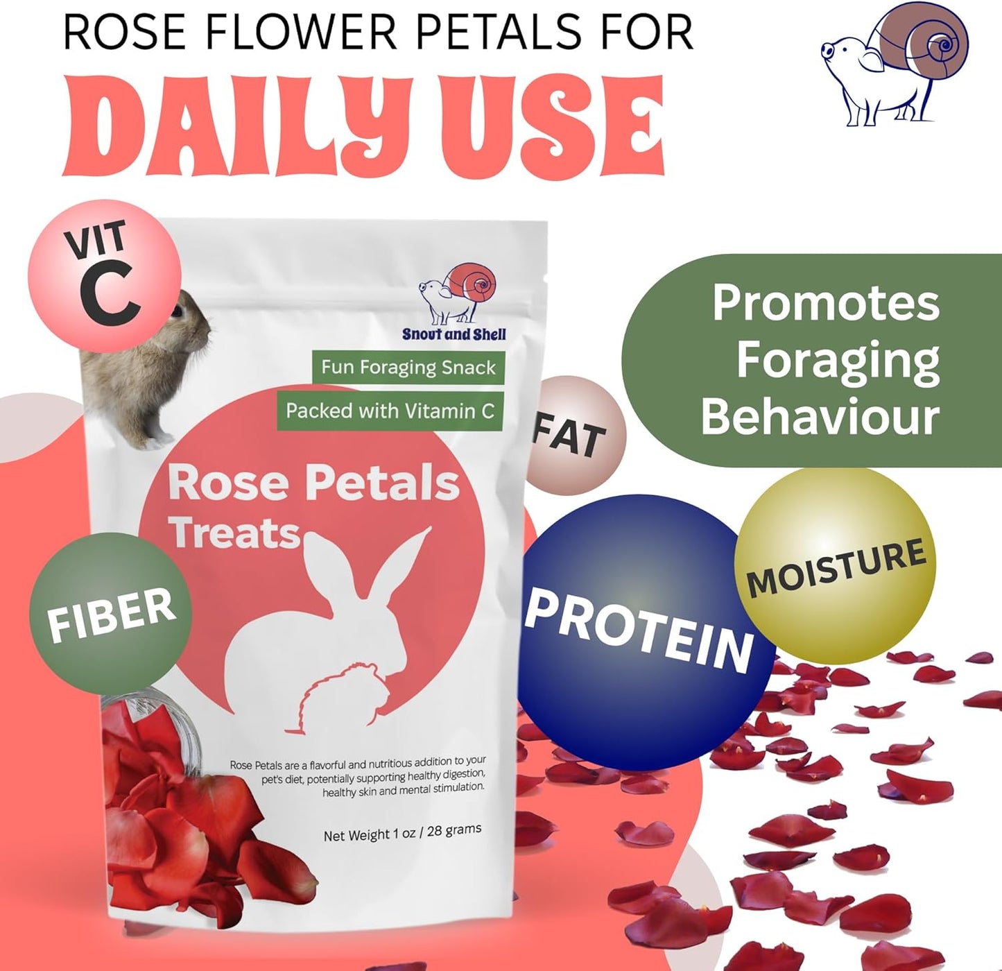 Snout and Shell Rose Petals Treats – Natural Snack for Rabbits, Guinea Pigs & Chinchillas – Vitamin C & Digestive Support, 1 oz