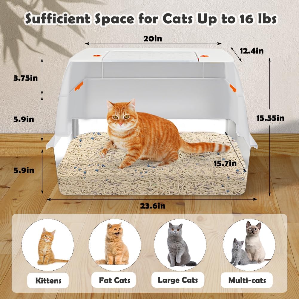 Vivifying Stainless Steel Litter Box with Lid, XL Side Entry Extra Large Litter Box for Big Cats & Kitty, Removable Enclosed Metal Cat Pan with High Sided Enclosure, Scoop, Mat, Footboard (Beige)