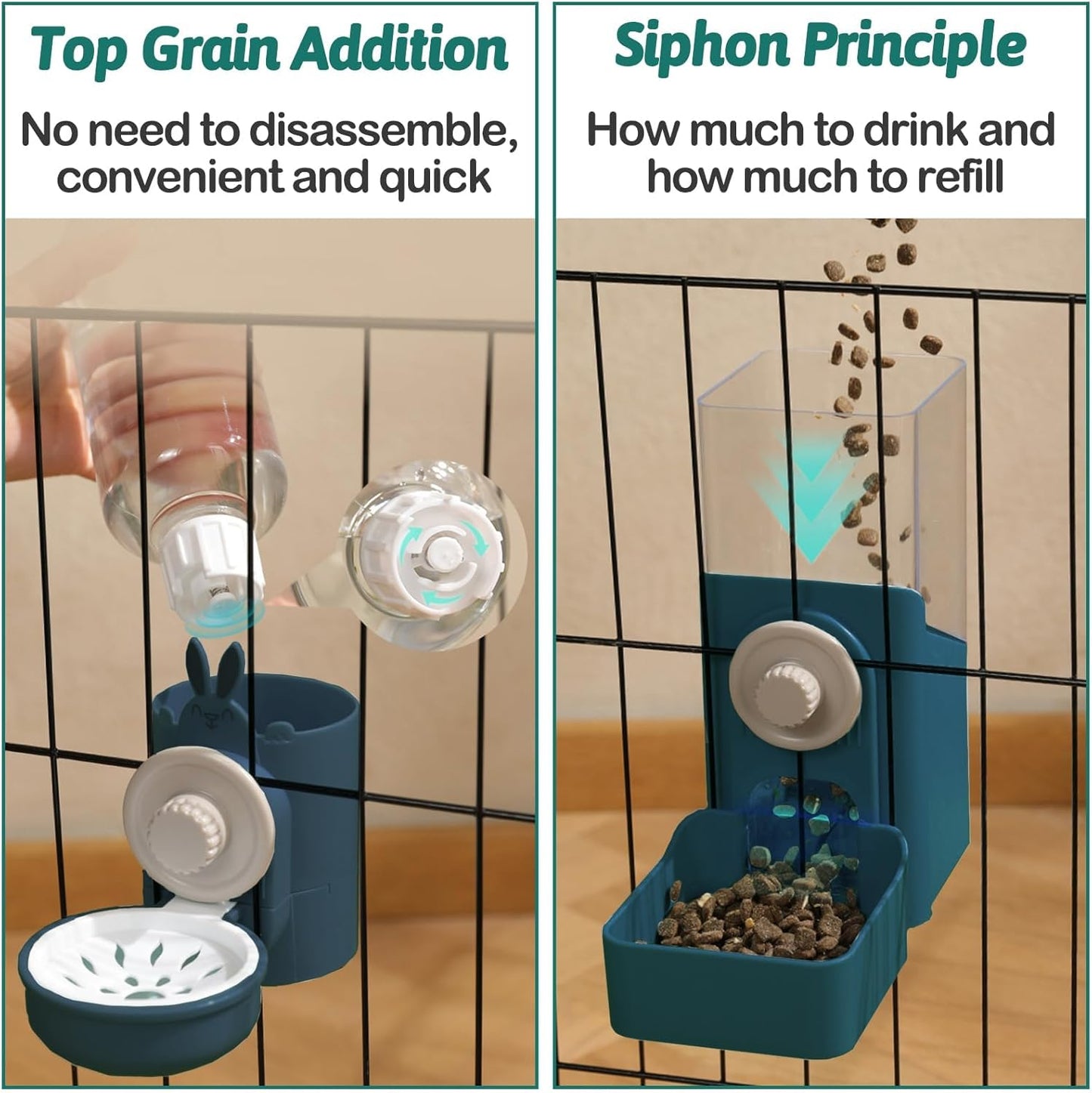 kathson Hanging Automatic Rabbit Pet Food and Water Dispenser, Auto Gravity Bunny Feeders for Cages, Detachable Self-Feeding Feeder and Waterer Set for Ferrets Chinchilla Hedgehog (Dark Blue)