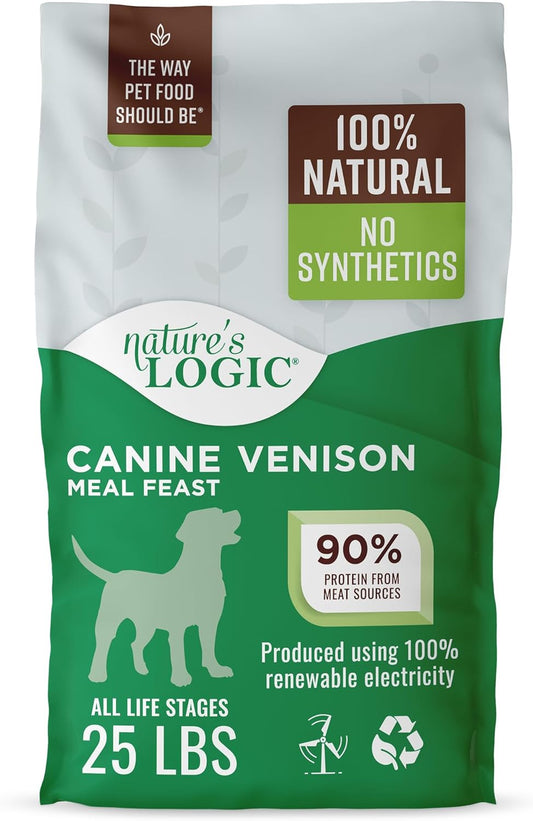 NATURE'S LOGIC Dry Dog Food - 100% Natural - No Synthetics - for All Ages, Sizes, Breeds - Free from Common Allergens, High Protein - Venison Meal Feast, 25lbs
