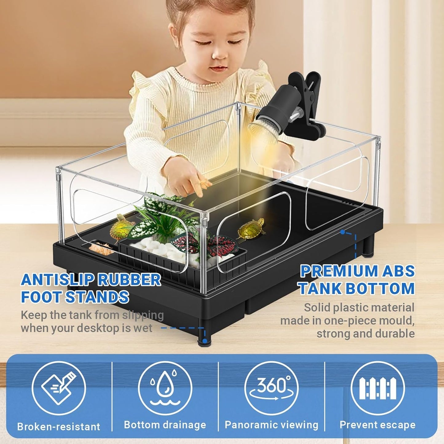 GOZILLA Small Turtle Tank with Adjustable Lamp, Acrylic Turtle Tank Starter Kit, Reptile Habitat and Terrarium with Multi-Functional Areas for Tortoise, Crab, Crayfish, Small Reptile.(Tank+Lamp)