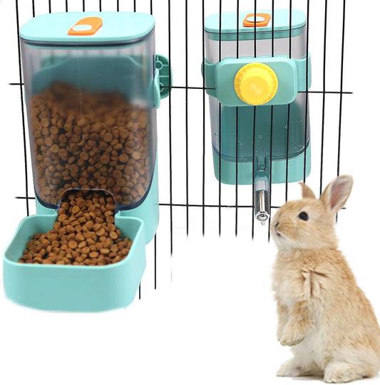 PODOO Rabbit Food Water Dispenser, 24oz No Drip Bunny Water Feeder, 34oz Large Hanging Automatic Pet Food Dispenser, Hanging Outside or Inside The Cage for Small Animals (Food+Water)