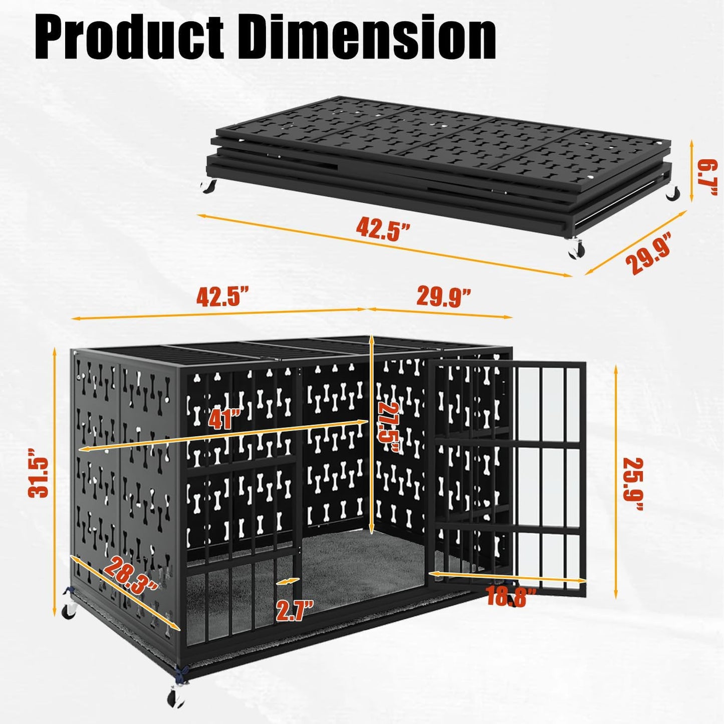 LEMBERI 48/42 inch Indestructible Heavy Duty Dog Crate, High Anxiety Extra Large Dog Cage for Large Dogs, XL Steel Escape Proof Dog Kennel with Cushion and Wheels (Black, 42.5''L*29.9''W*34.46''H)