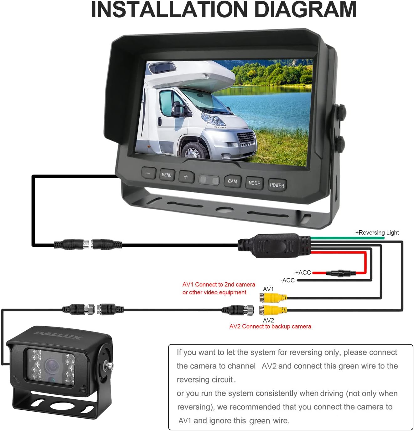 DALLUX Heavy Duty Vehicle Truck Bus Backup Camera System,Waterproof Night Vision Rear View Camera with 7 inch Monitor+66ft 4 PIN Camera Cable for Bus Truck Van Trailer RV Campers Motor Home(12V 24V)