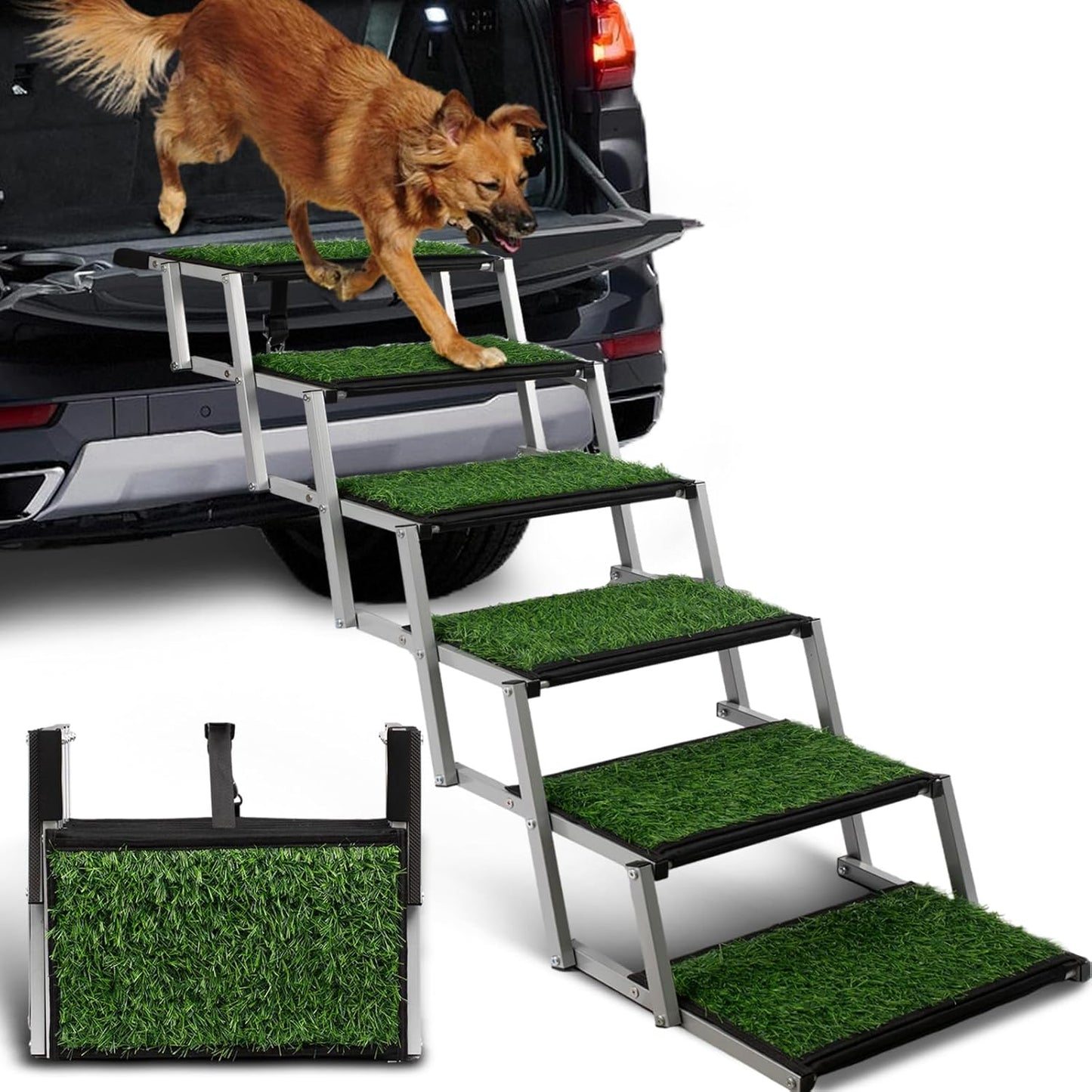 Extra Wide Dog Stairs for Car, Portable Folding Dog Ramps,Doggy Steps for Large Dogs with Non-Slip Grass Rug for Cars, SUV, Trucks, Lightweight Pet Ramp Supports Up to 200 lb, 6 Steps