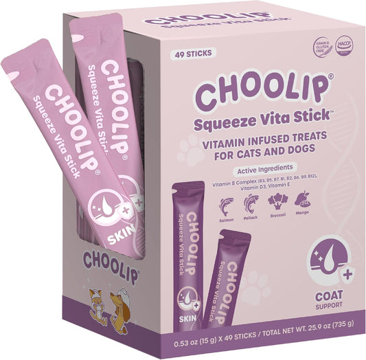 Grab & Go Squeeze Vita Stick Lickable Treats for Dogs & Cats. 49 Coat Support Sticks with Essential multivitamins. Soft and Tasty Paste for All Life Stages, Supporting Coat Health