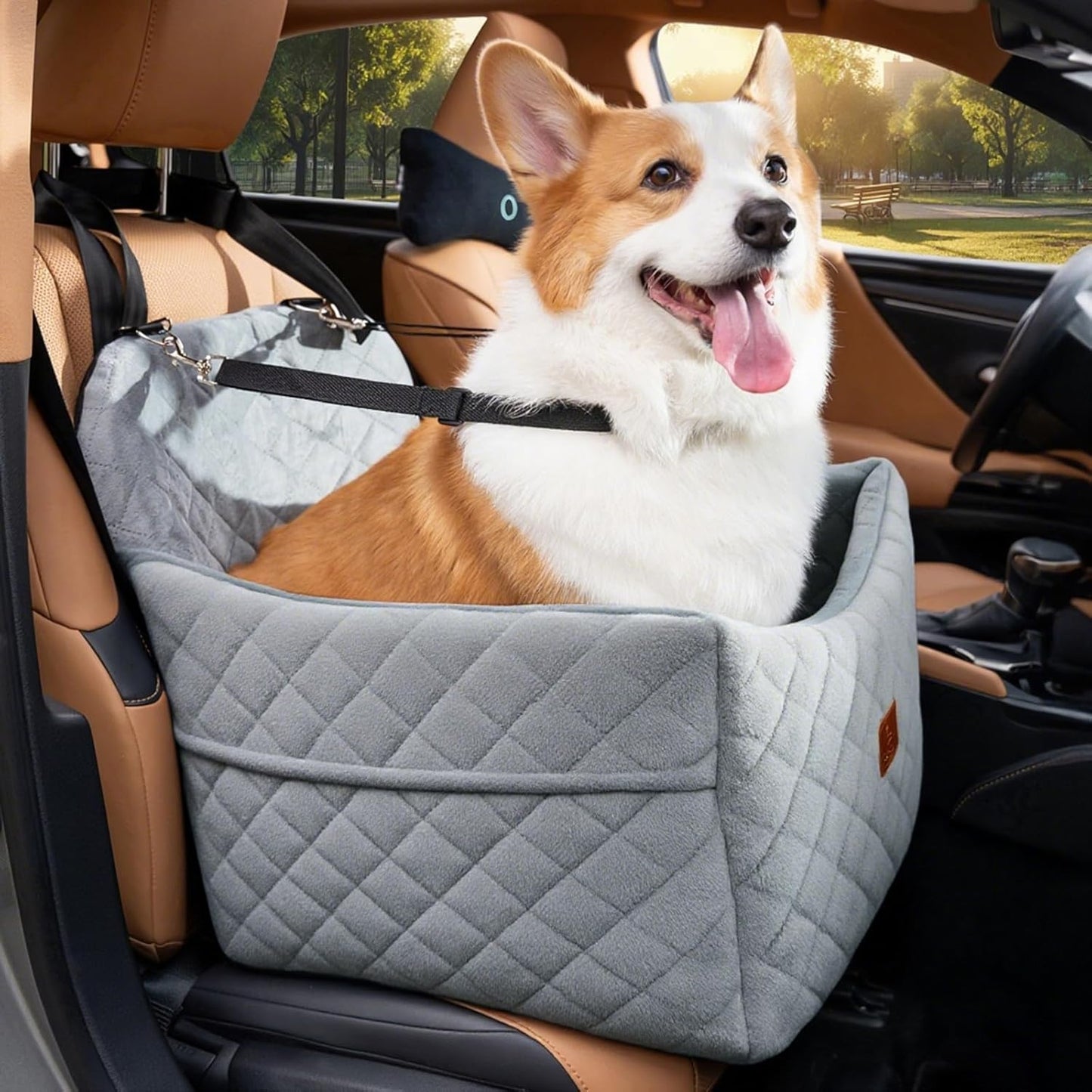 Dog Car Seats for Small Dogs, FurFrolic Memory Foam Dog Booster Seat for Small/Medium Dogs up to 35 lbs, Travel Pet Car Seat with Washable Detachable Cover, Storage Pockets, 2 Safety Belts (Gray)