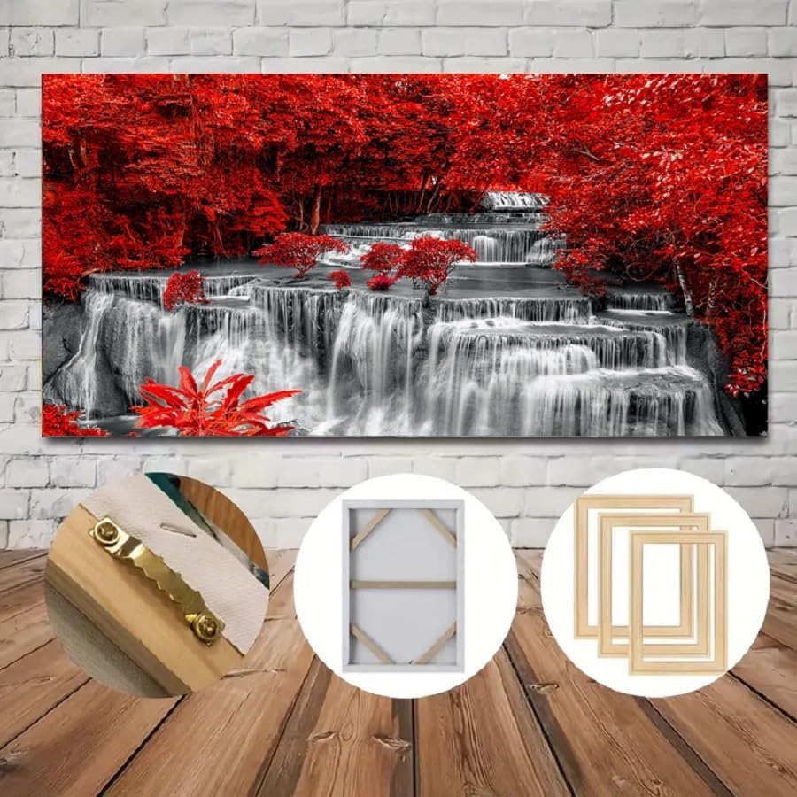 Yxbhhym Large Black and White Decor Waterfall Canvas Wall Art Red Tree Wall Decor Landscape Prints Posters Forest Scenery Paintings for Wall Decoration Bedroom Living Room Décor- Framed Wall Art