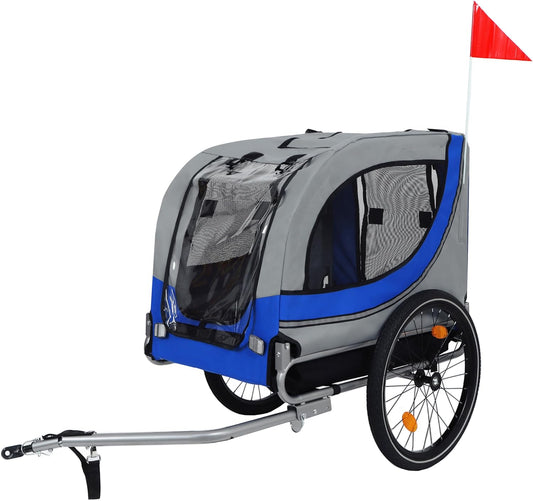 Blue-Grey Large Folding Bike Trailer for Dogs – Heavy-Duty Steel Frame, 66LB Capacity Pet Carrier for All-Terrain Cycling, Jogging & Camping Adventures!