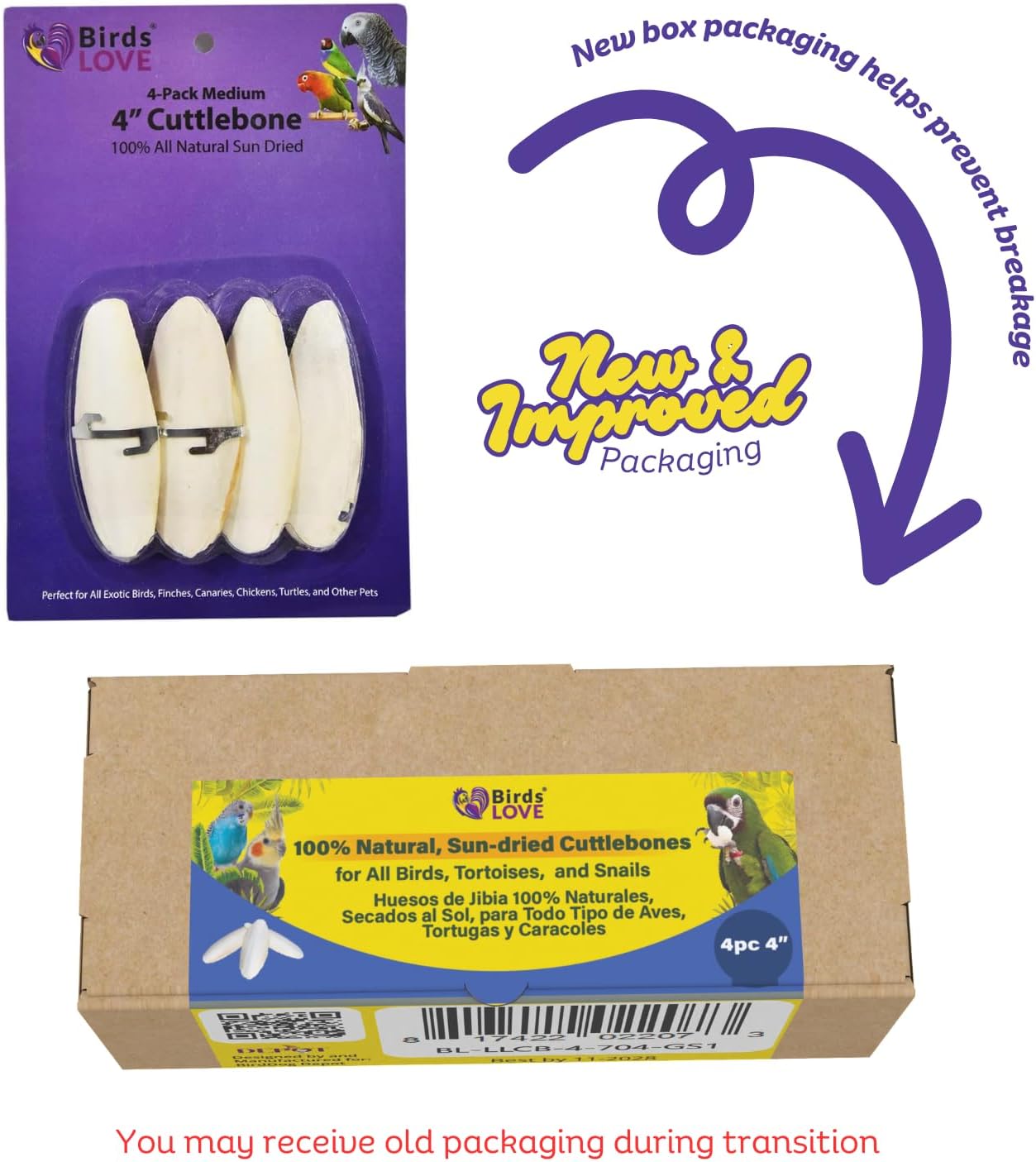 Birds LOVE 4-Piece Cuttlebone 3.5–4-Inch with Holder – Natural Calcium & Trace Mineral Block for Birds & Reptiles – Beak-Trimming Chew Supplement – Safe, 100% Pure, No Fillers