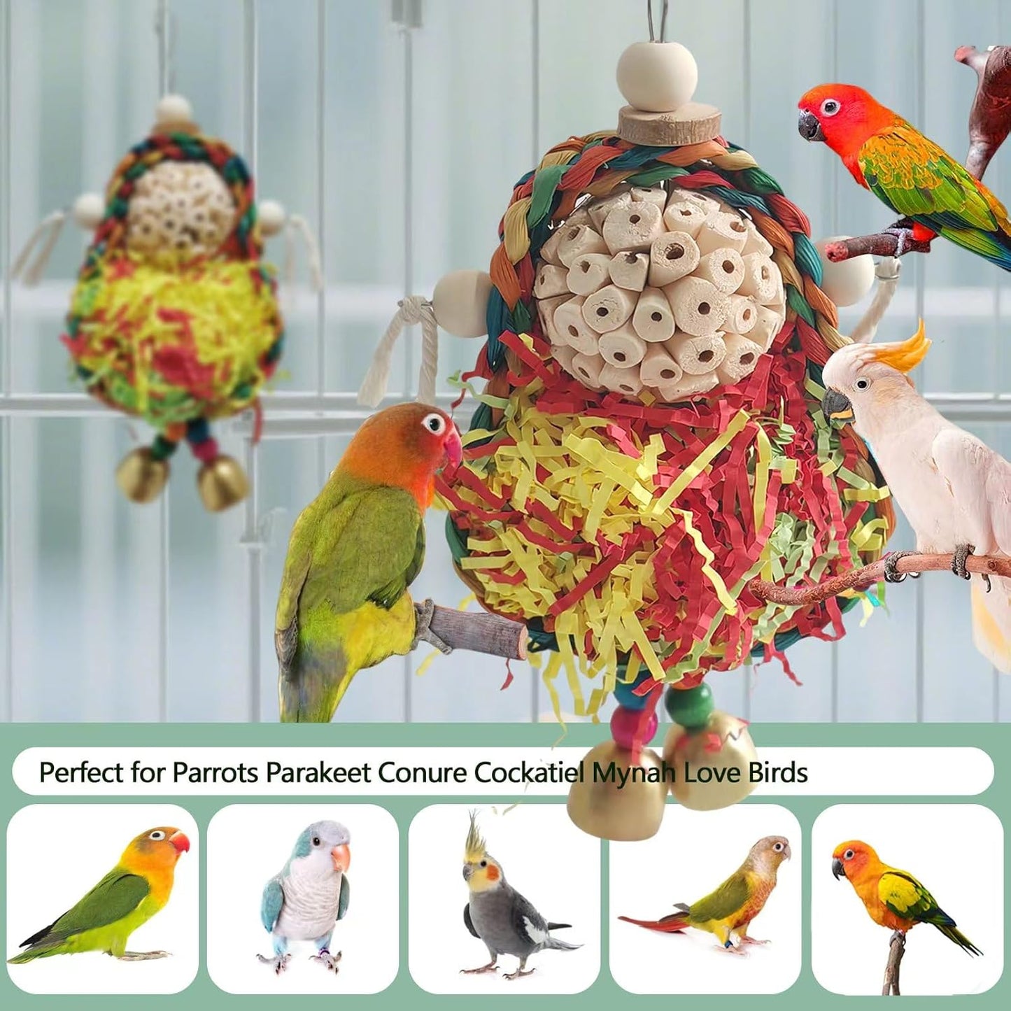 Parakeet Toys,Natural Sola Balls and Shredding Hanging Chewing Toy,2 PCS Small and Medium-Sized Parrot Toys, Bird Toys for Parrots,Cockatiels,Conures,Lovebird,Christmas Birds Toy