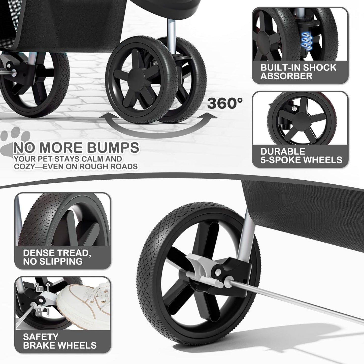 MoNiBloom Foldable Pet Stroller with Weather Cover, 3 Wheels Pet Strolling Cart for Small/Medium Dogs and Cats with Storage Basket and Cup Holder, Breathable and Visible Mesh for All-Season, Black