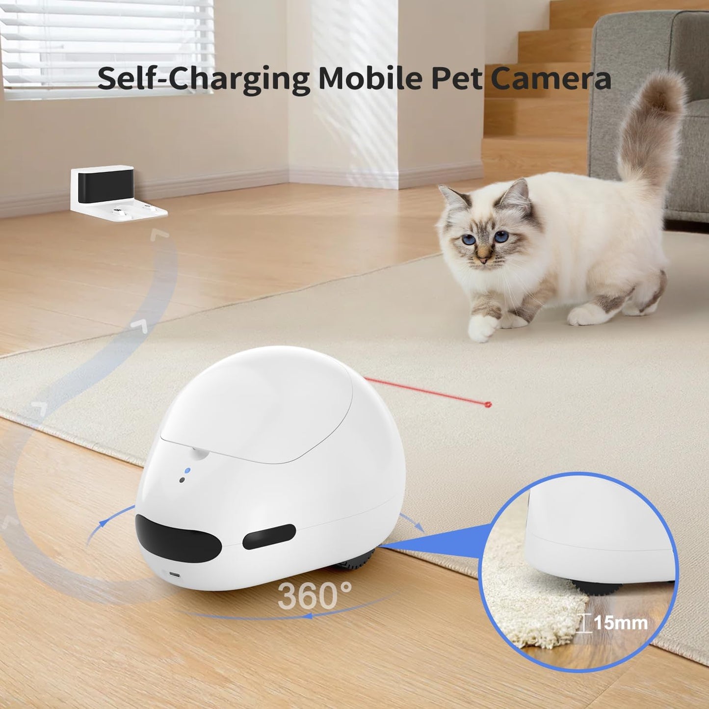 Cat Camera with Interactive Pointer Toy, Moving Robot for Dog and Cat, Mobile Pet Camera Treat Dispenser with Phone App, Auto Recharging and Night Vision, Two-Way Audio (2.4G Wi-Fi Only)