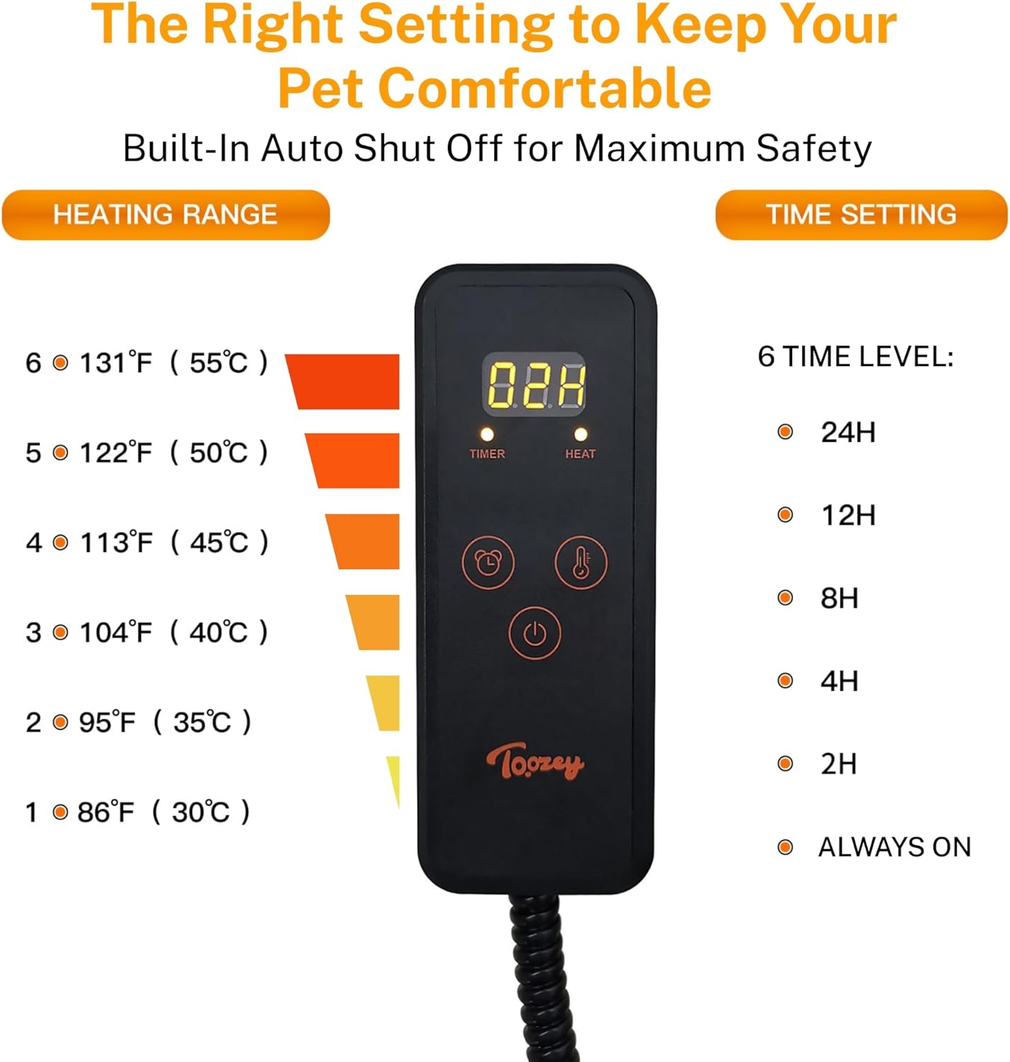 Toozey Large Heated Pet Mat 35x24 in - Waterproof, Chew Resistant, 6 Temp Settings with Timer, Indoor Use for Dogs and Cats