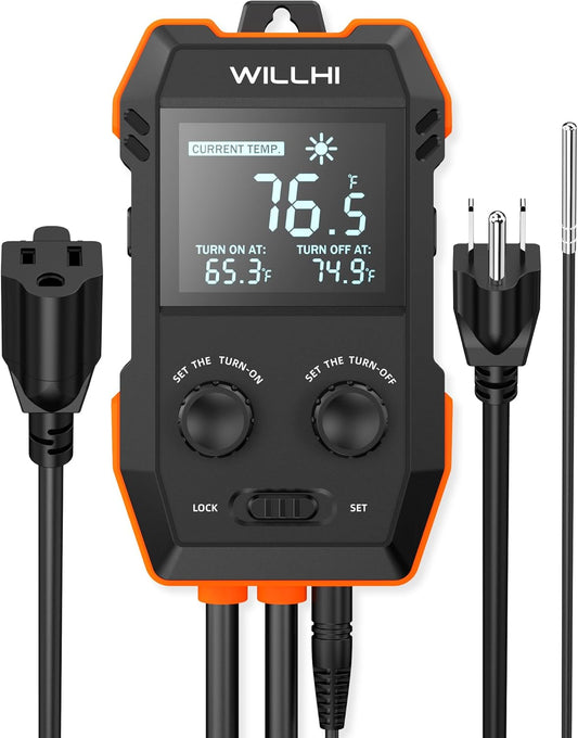 WH2408 Temperature Controller 10A 1200W, Digital Thermostat Controlled Outlet Plug Switch for Reptile Terrarium Greenhouse Homebrew Aquarium Seedling Mat, Heating or Cooling Mode Thermometer