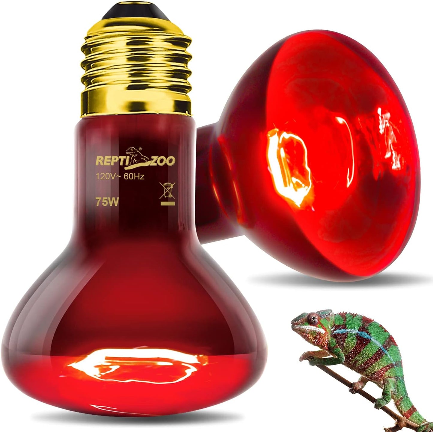 REPTI ZOO 75W Reptile Heat Lamp Bulb 2PCS Infrared Heat Emitter Red Heat Lamp for Reptile Amphibian, Infrared Basking Spot Light Bulb