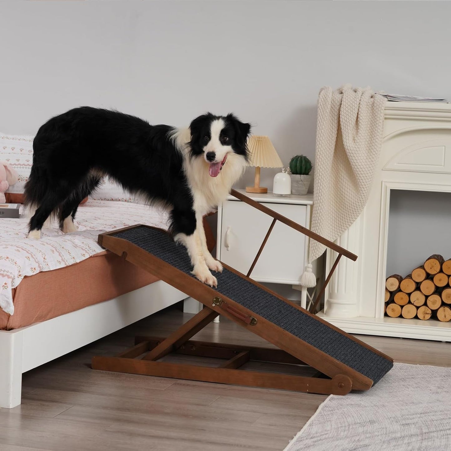 Dog Ramp for Bed Couch - Pet Steps Stairs to Get on Bed Couch 15.7"-23.6" High for Small or Large Dog Up to 200 lbs, Adjustable Wooden Dog Ramp Steps Foldable Portable, Anti-Slip Carpet (Brown)