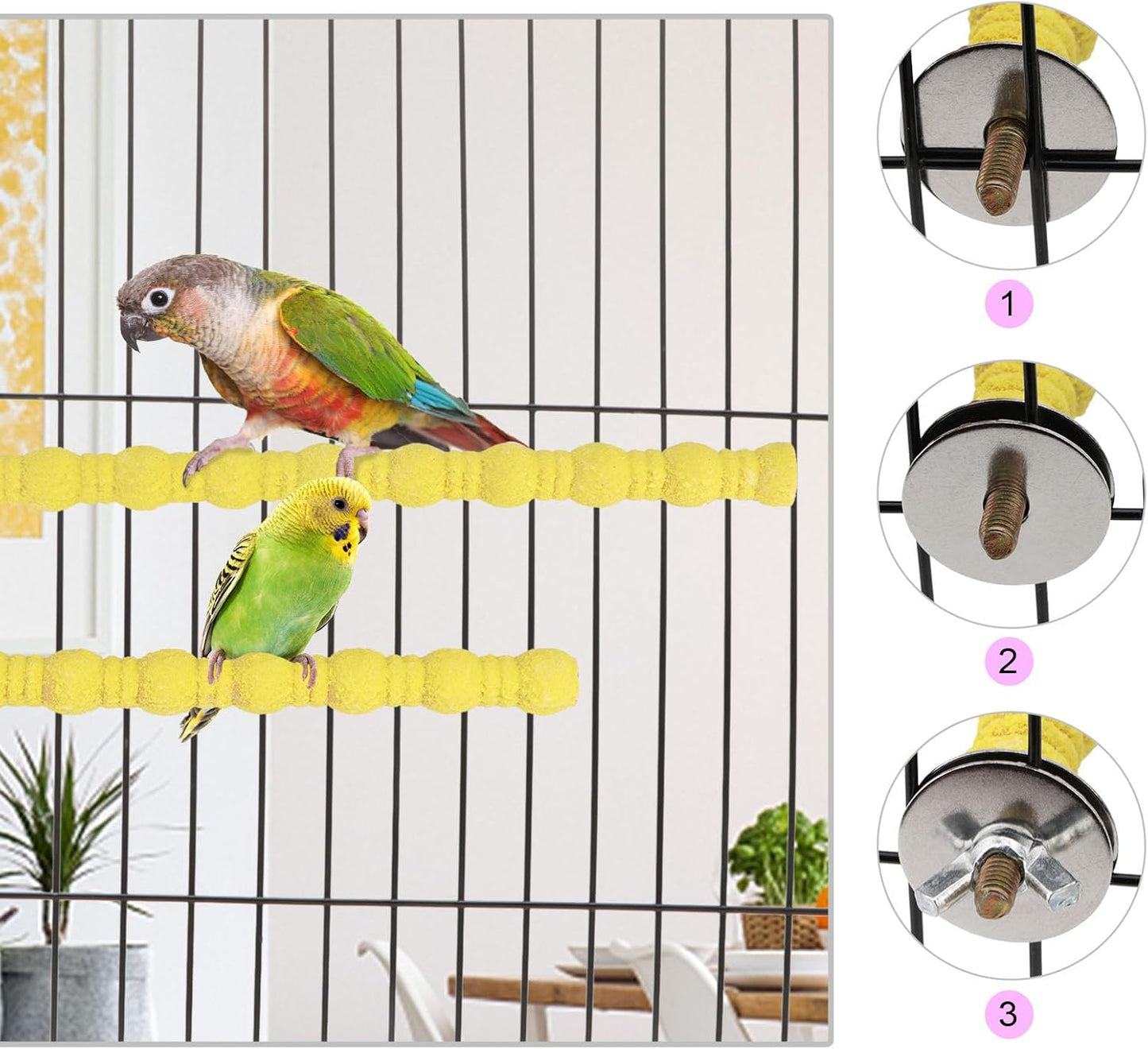 Hypeety 2PCS Wood Perch Stand Paw Grinding Stick Toy Pet Bird Cage Stand Platform for Bird Parrot Budgies Parakeet Cockatiels Cage Accessories (7in/10in) (Yellow)
