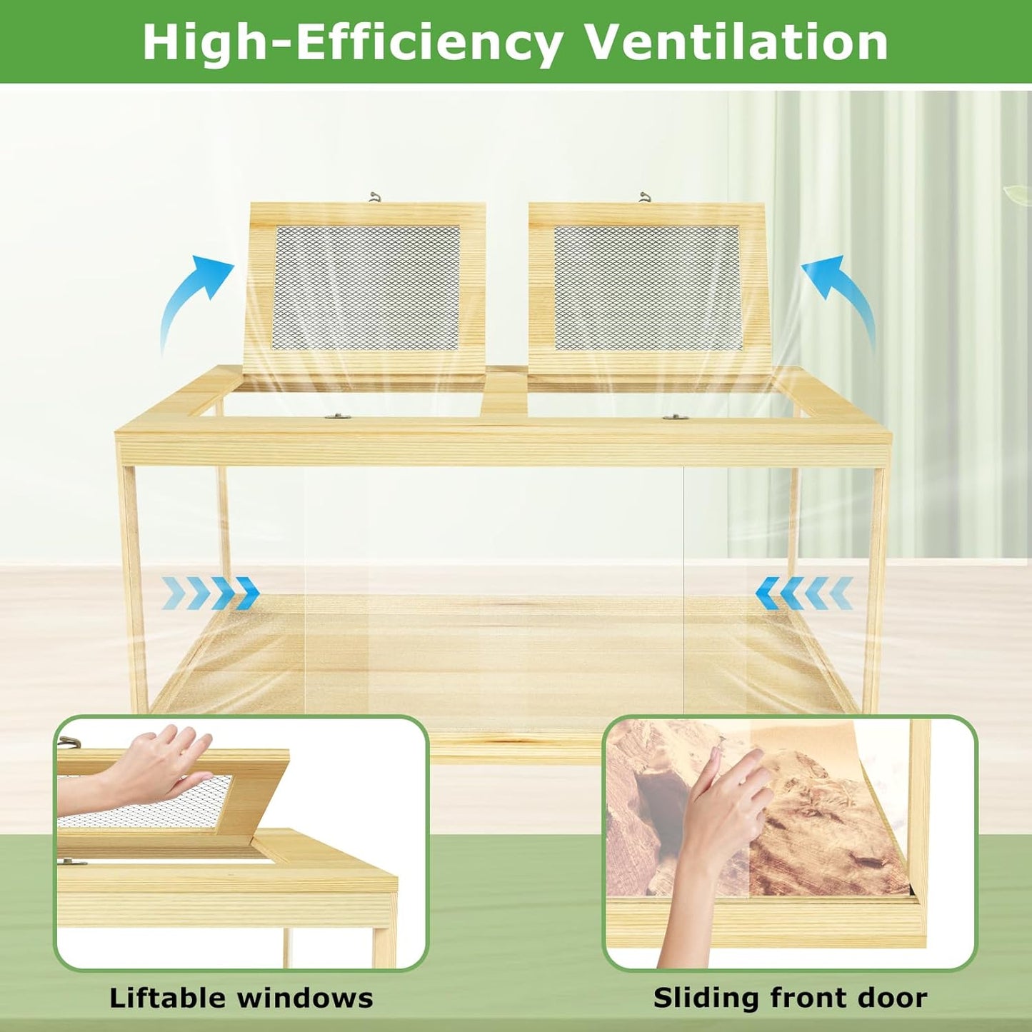 Reptile Terrarium Tank 37 Gallon, Snake Enclosure, Lizard, Leopard Gecko Tank with Openable Metal Mesh, Lockable Bearded Dragon Tank, Front Opening Reptile Cage (Wood, 32" x 16" x 16")