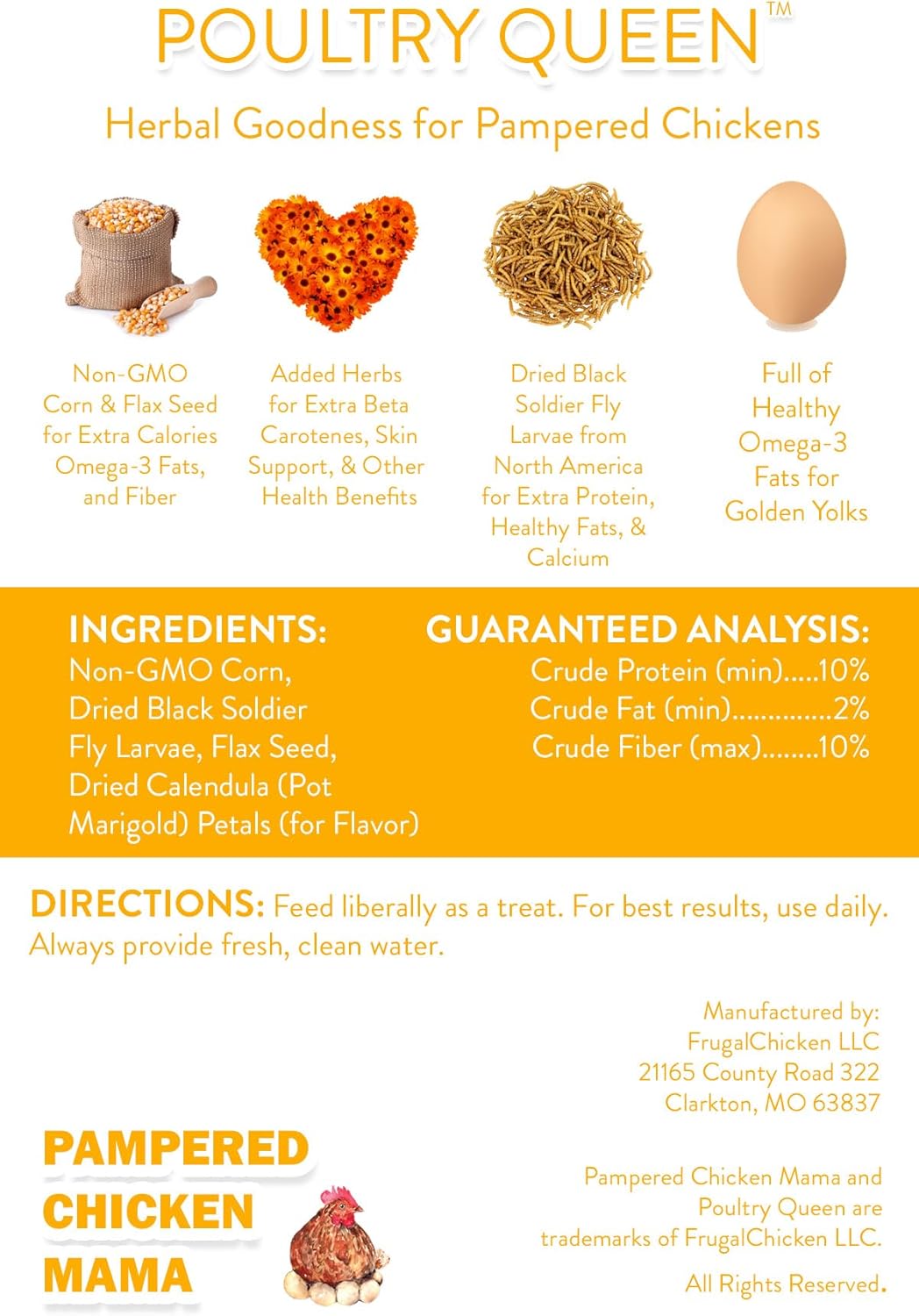 Pampered Chicken Mama Non-GMO Mealworm, Corn, Flax, & Herb Treat (10 Pounds) for Backyard Chickens, Healthy Layer Feed & Supplies for Pet Chickens Poultry Queen Treat for Hens