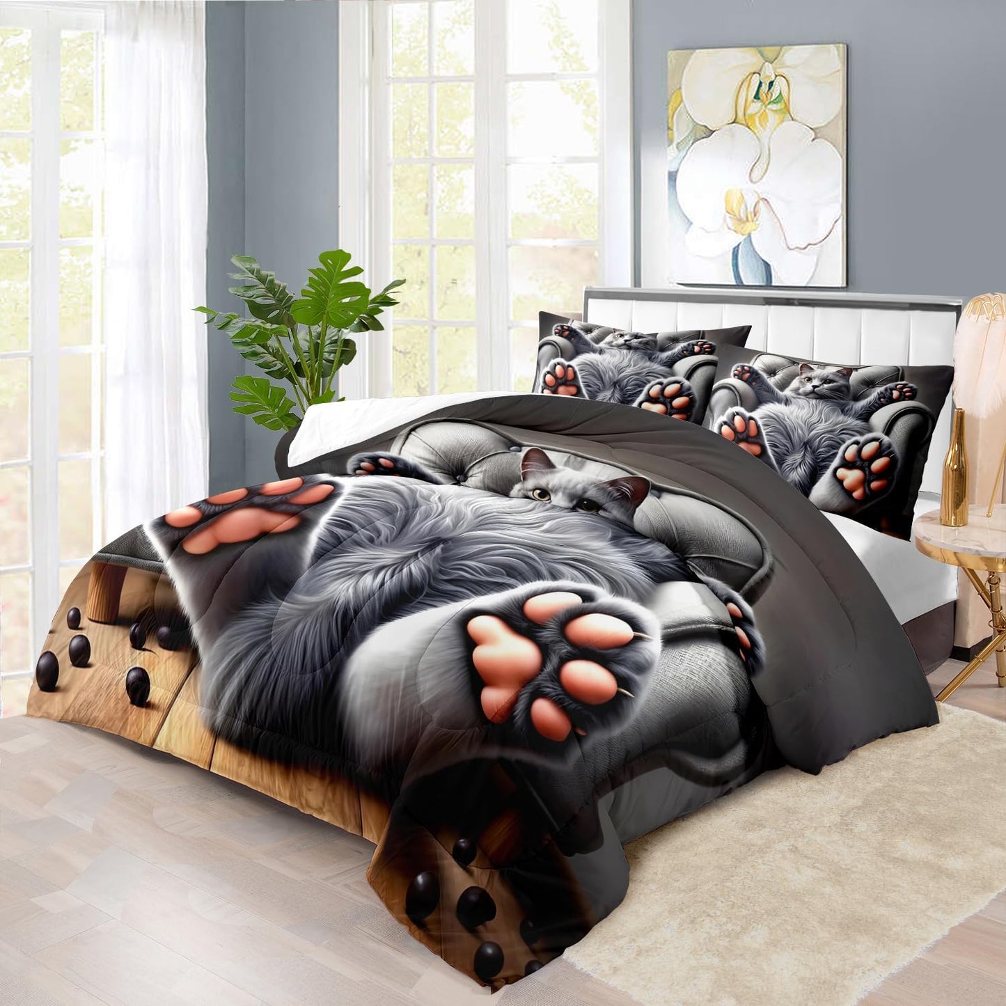 Cute Cat Comforter Set Full,Grey Kawaii Cat Bedding Set Adult,Cute Animal Comforter for Boy,American Shorthair Bedding Grey,Kawaii Animal Print Quilt Bedroom Decor Kids