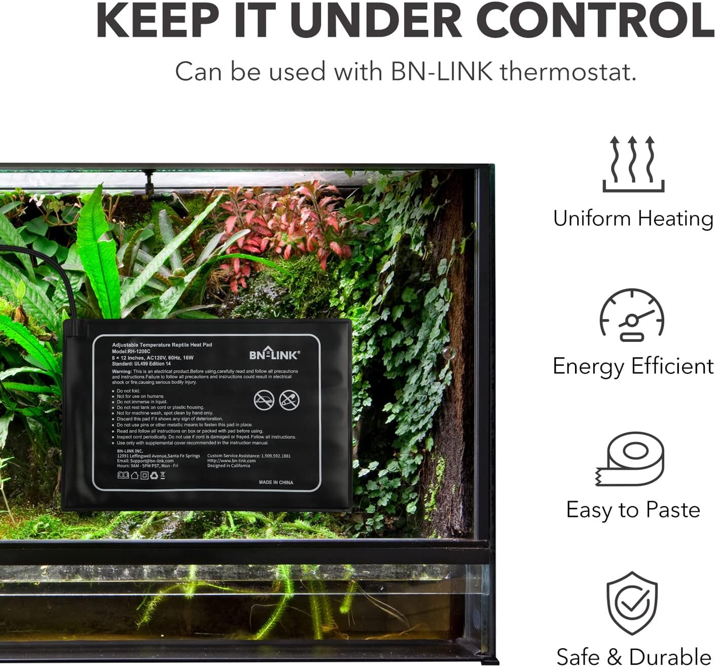 BN-LINK Reptile Heating Pad 8" X 12" with Adjust Knob, Adjustable Temperature Electric Indoor Under Tank Terrarium Heating Mat Waterproof for Turtles, Lizards, Frogs, and Other Reptiles