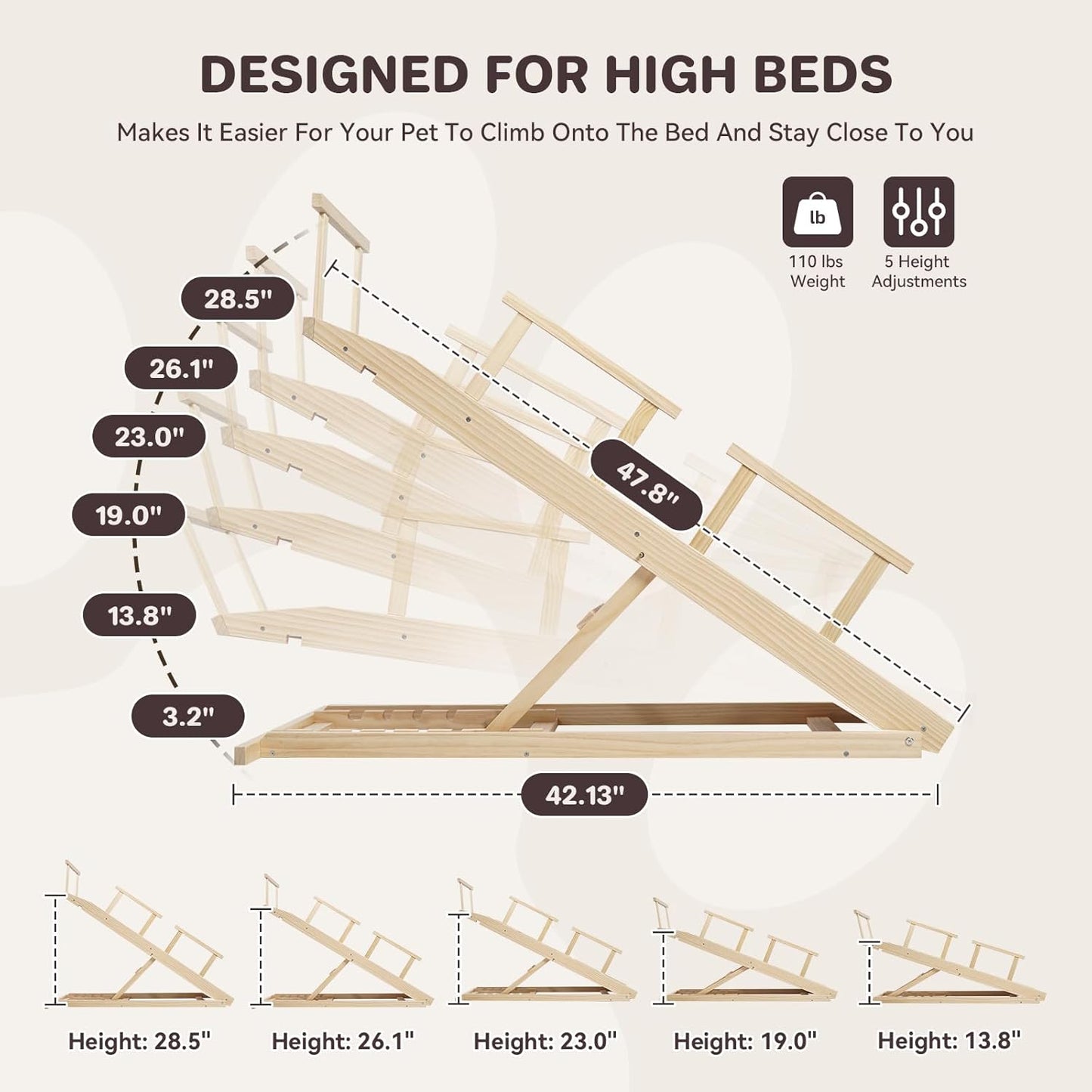 Dog Ramp for Bed PANTAZO Adjustable Ramps for Small Dogs to Get on Bed, Up to 28.5 Inches, 48'' Long,120lbs with Anti-Slip Grip & Safety Rail