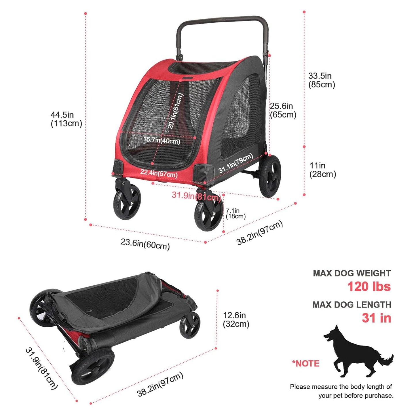 Large Dog Travel Stroller with 4 Heavy Duty Wheels Pet Stroller with Adjustable Handle - Double Doggie Capacity Jogger Wagon with Back Front Door for Small Medium Large Dogs (Red-Black)