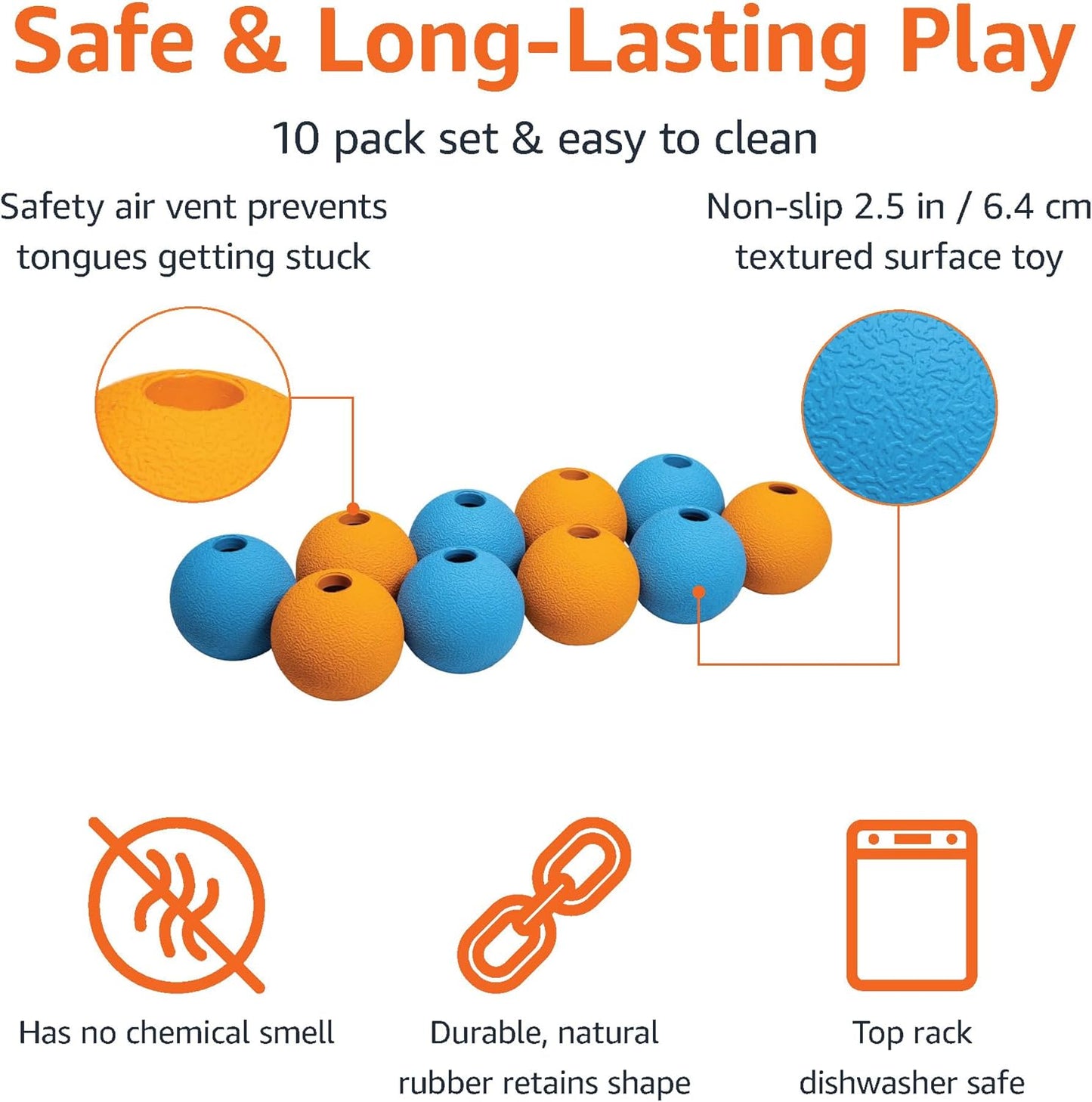 Amazon Basics Dog Toys, Interactive Fetch Rubber Balls, (Pack of 10), 2.5 inch, Multi-Color Blue/Orange