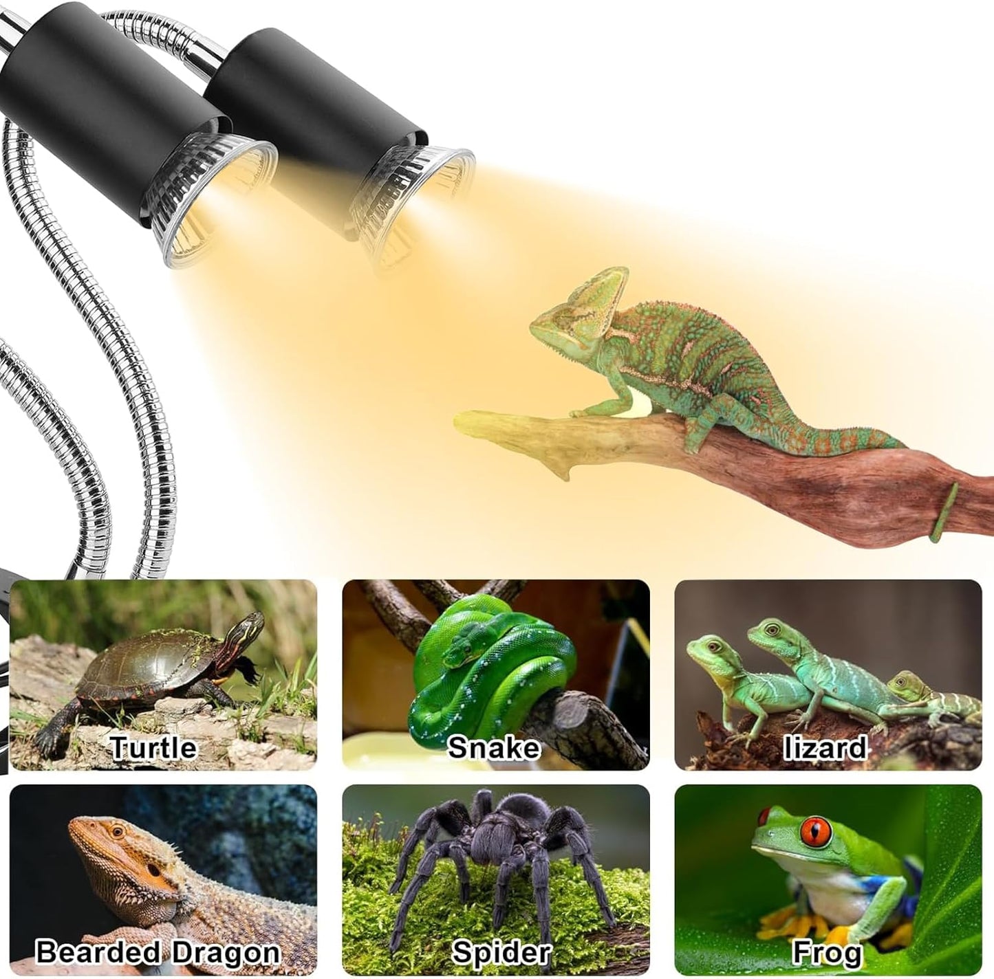 Reptile Heat Lamp, Dual-Head UVA UVB Reptile Light, Heating Lamp with Cycle Timer, Heat Lamp for Reptiles Bearded Dragon Turtle Crab Snake Lizard, Separate Control, 3 Basking Bulbs Light