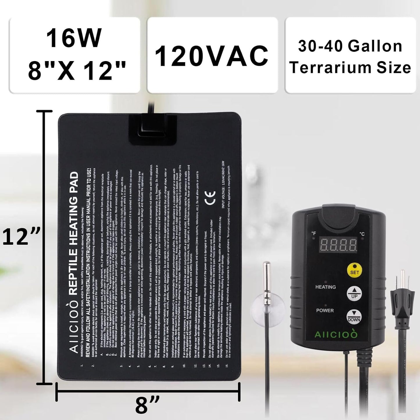 Aiicioo Under Tank Heater Thermostat - Reptile Heating Pad with Temperature Control Reptile Heat Mat for Combo Set for Hermit Crab Lizard Terrarium 16W