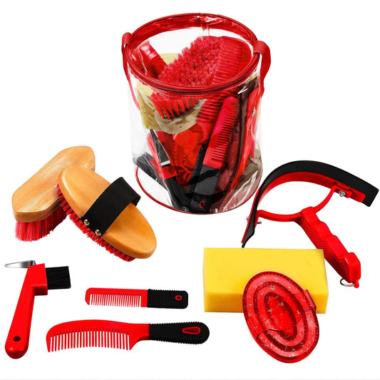 9 Pieces Horse Grooming Kit Tack Room Supplies Set with Organizer Tote Bag, Oval Massage Curry, Hard and Soft Brush, Hoof Pick, Sweat Scraper, Bathing Sponge, Combs for Horse Riders Beginners (Red)