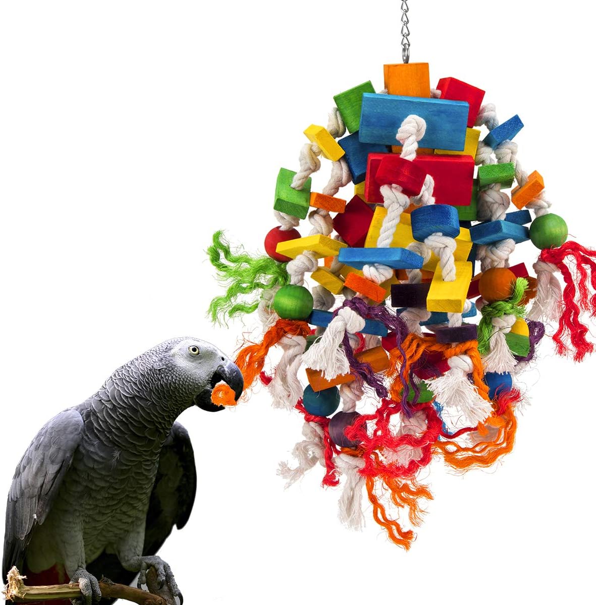 Large Parrot Toy - Multicolored Wooden Blocks Tearing Toys for Birds Suggested for African Grey, Macaw and Amazon Parrots