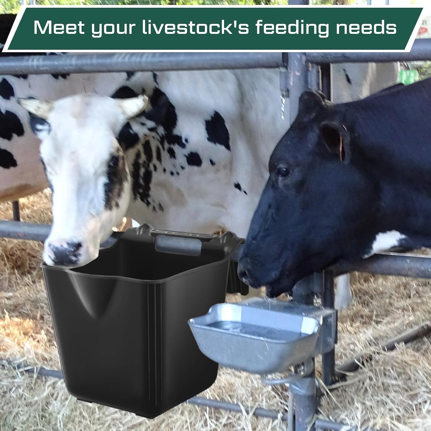 Marsui 8 Pcs 15 Quart Horse Feeders for Stall Hook Over Hanging Fence Hay Feeder Mountable Livestock Plastic Feed Bucket for Farm Stalls Pasture, Stable to Feed Horses Sheep Cattle Cows Etc (Black)