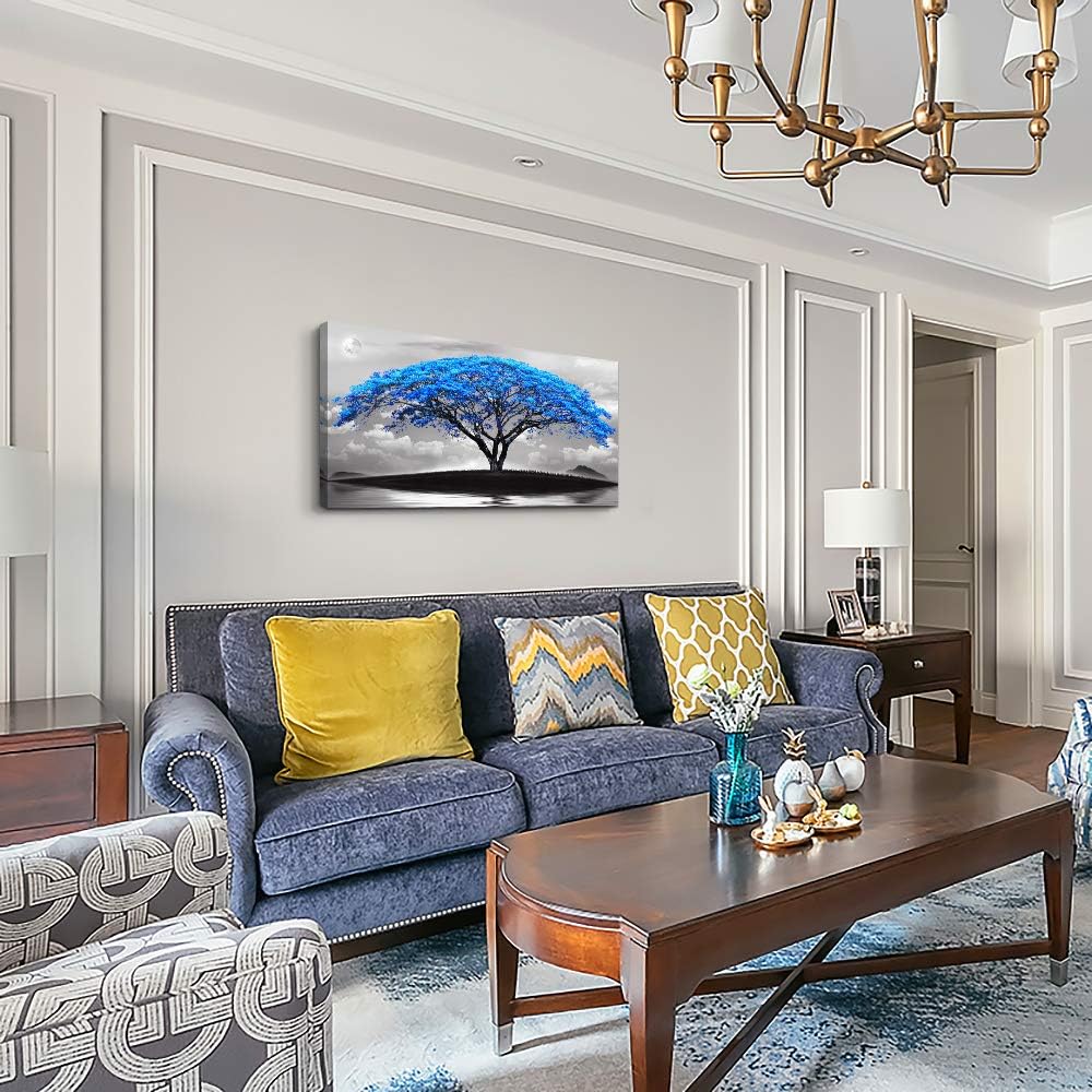 canvas wall art for living room bathroom Wall Decor Black and white landscape Blue tree moon painting to Hang Home Decorations for office bedroom kitchen Works canvas Prints pictures 24" x 48"inch