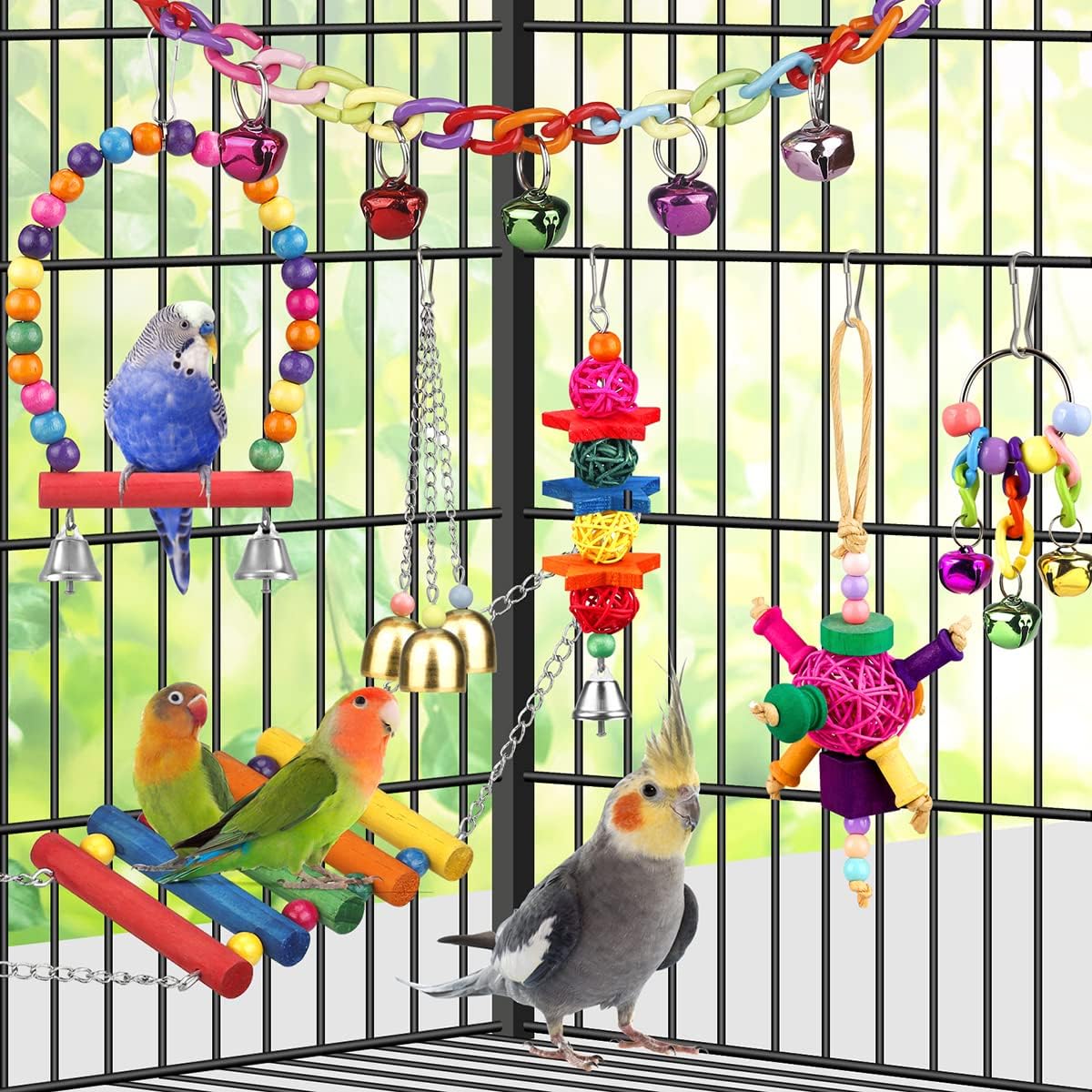 Bird Toys for Conures with Colorful Ladder Hammock Bird Cage Accerious Bird Perch Stand Chewing Toys Hanging Bell for Parrot Parakeet Cockatiel Lovebirds