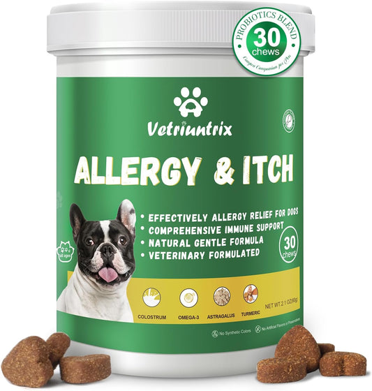 Dog Allergy Chews, 30PCS Dog Itching Skin Relief with Probiotics Omega 3, Allergy Relief for Dogs Itching Licking Paws, Support Seasonal Allergy, Gut & Digestive Health and Immune System
